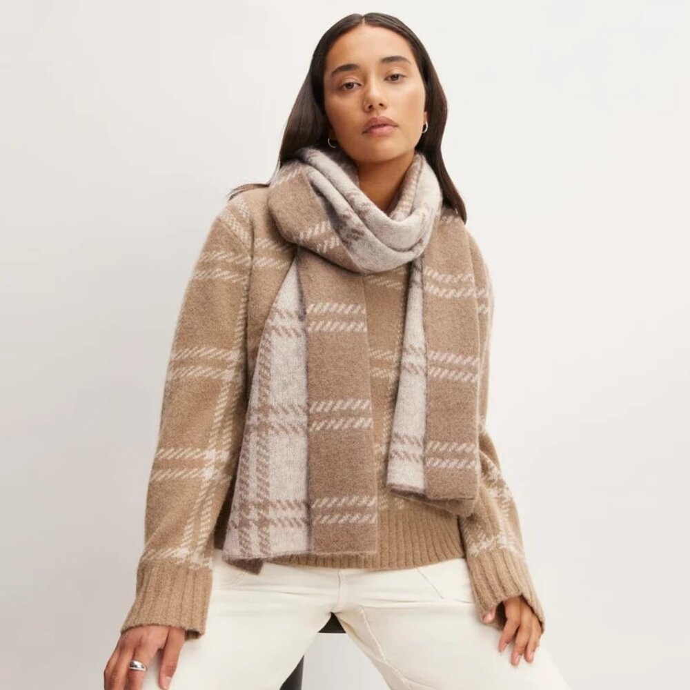 NWOT Everlane Patterned Alpaca Scarf in Wheat Taupe Tan